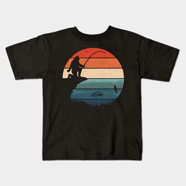 Fishing Bigfoot Sunset Kids T-Shirt by Tesszero